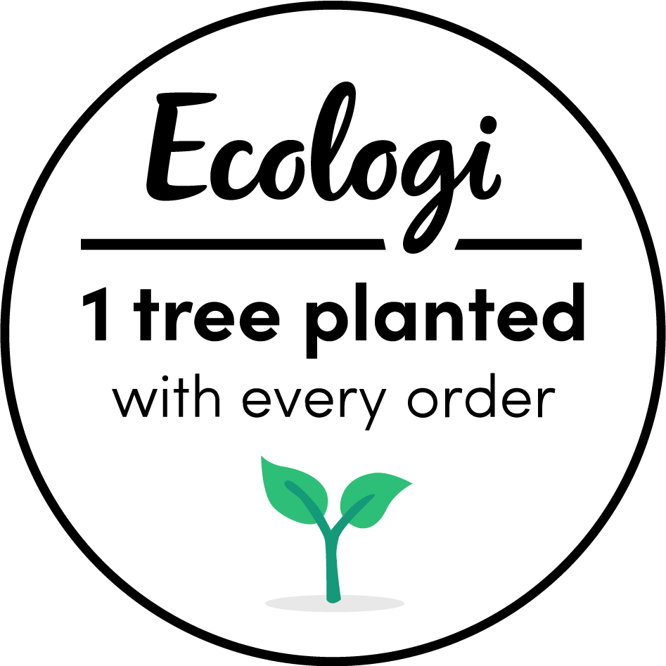 Logo of Ecologi with text '1 tree planted with every order' and a green leaf icon.