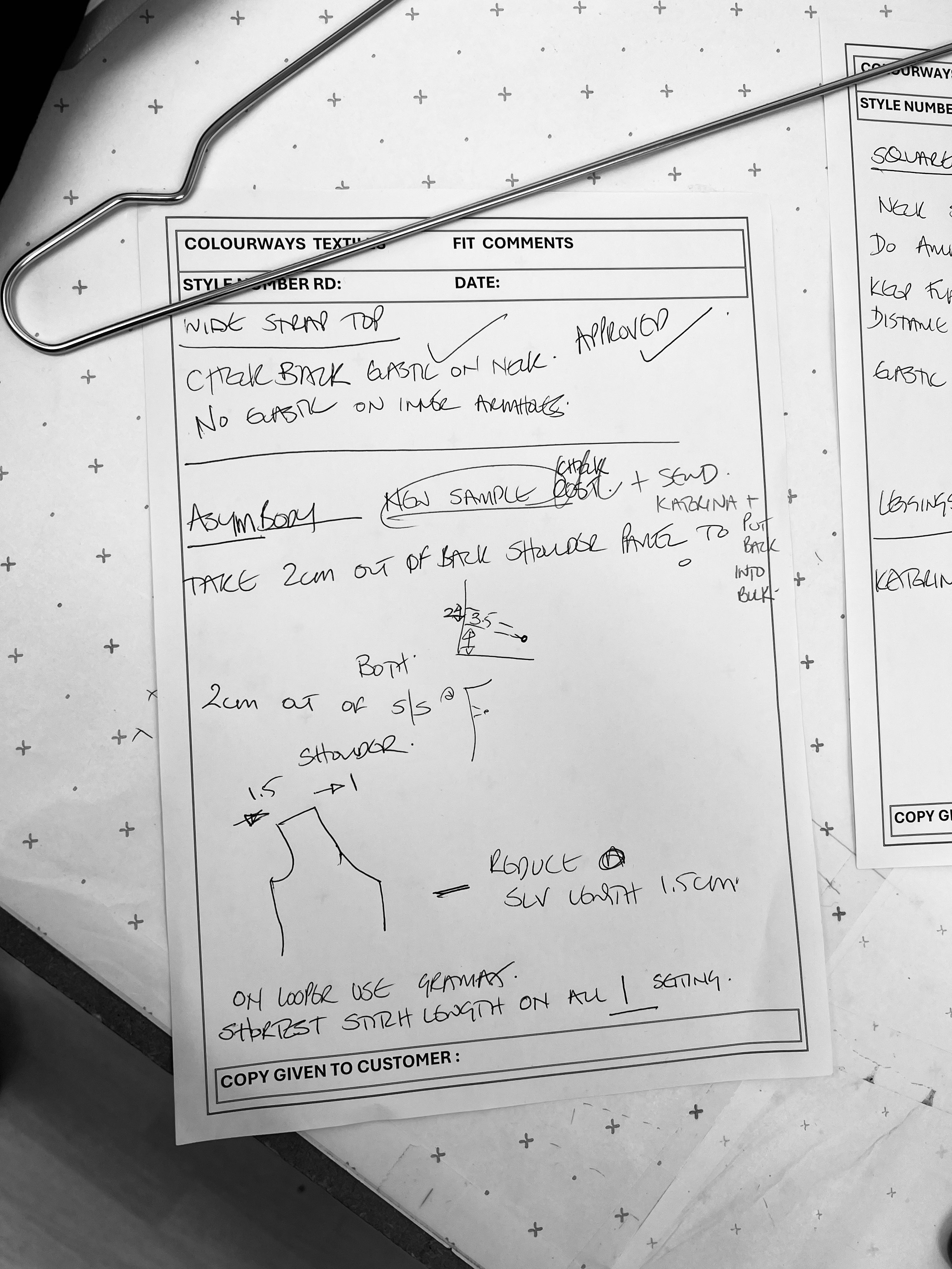 A piece of paper showing pattern amendments for Skaet British made thermals