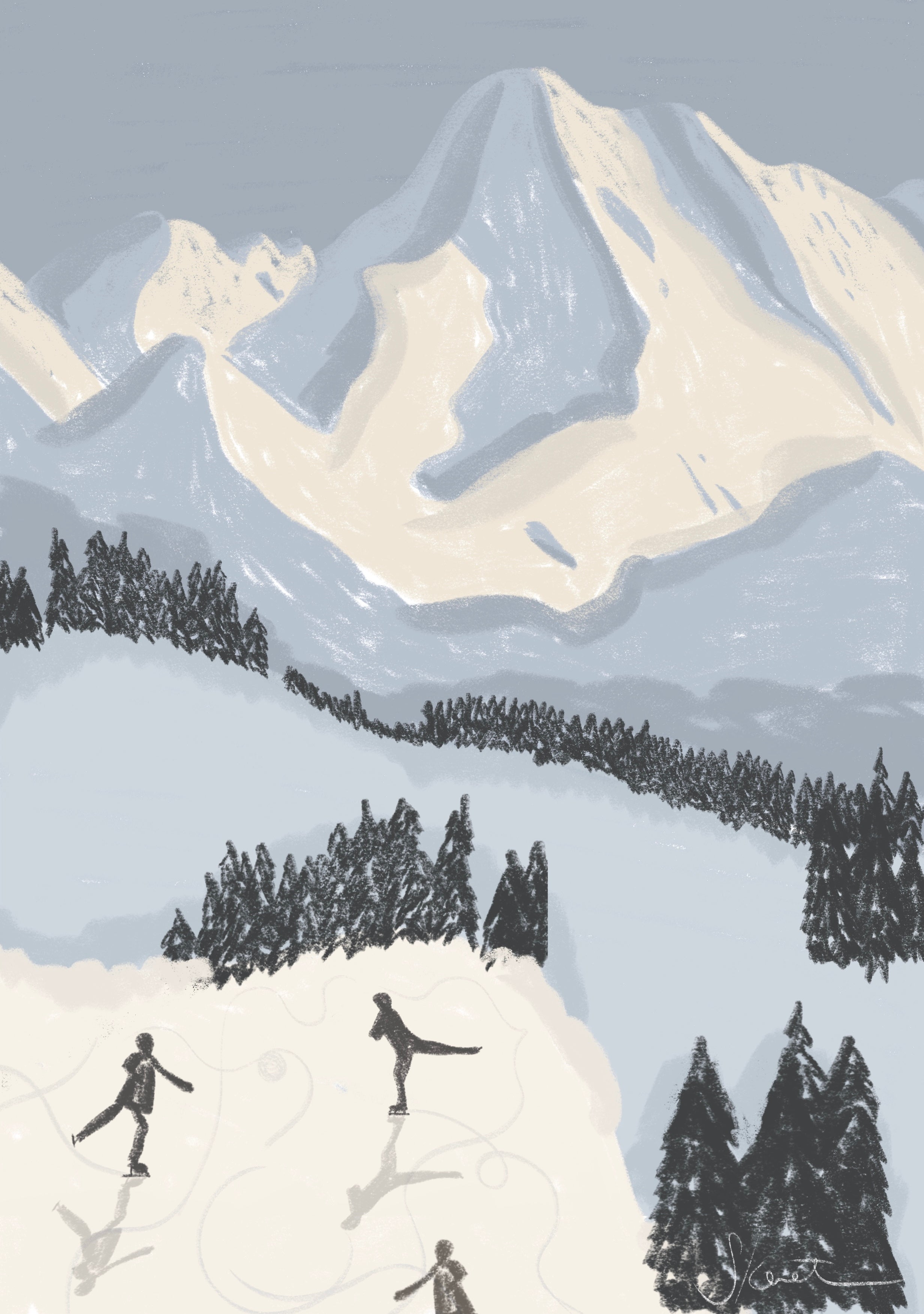 An illustration by Skaet of a snowy mountain landscape with ice skaters and their shadows